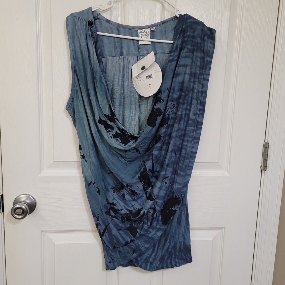 Parsley & Sage Lindsey Vest XL Blue Tie Dye Black Abstract Draped Rayon Top NWT